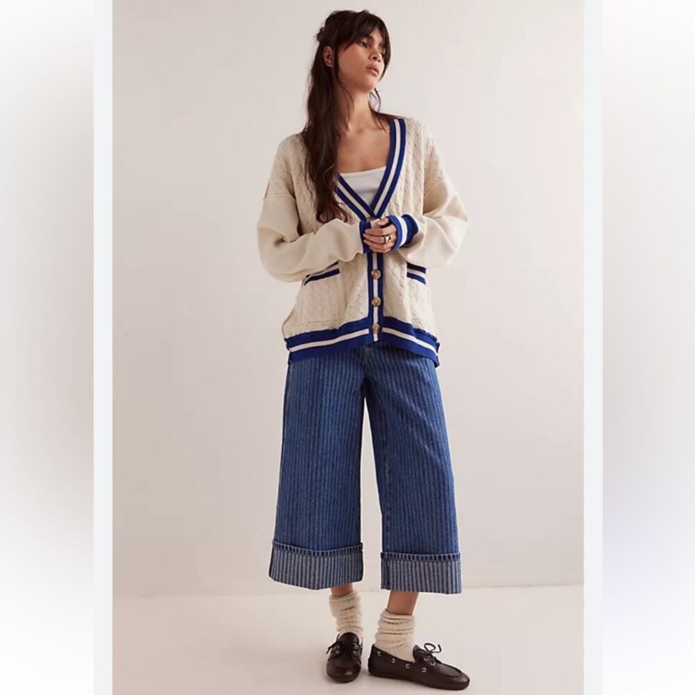 Free People We The Free Varsity Cardi Oversized Ecru/Blue Size Medium NWT